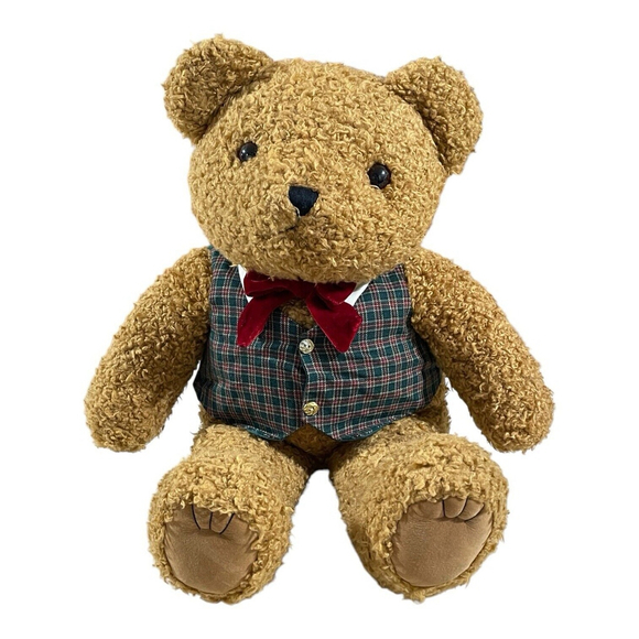 Vintage JC Penney Christmas Bear Plush Plaid Vest Velvet Bow Stuffed Animal 27” - Picture 1 of 11